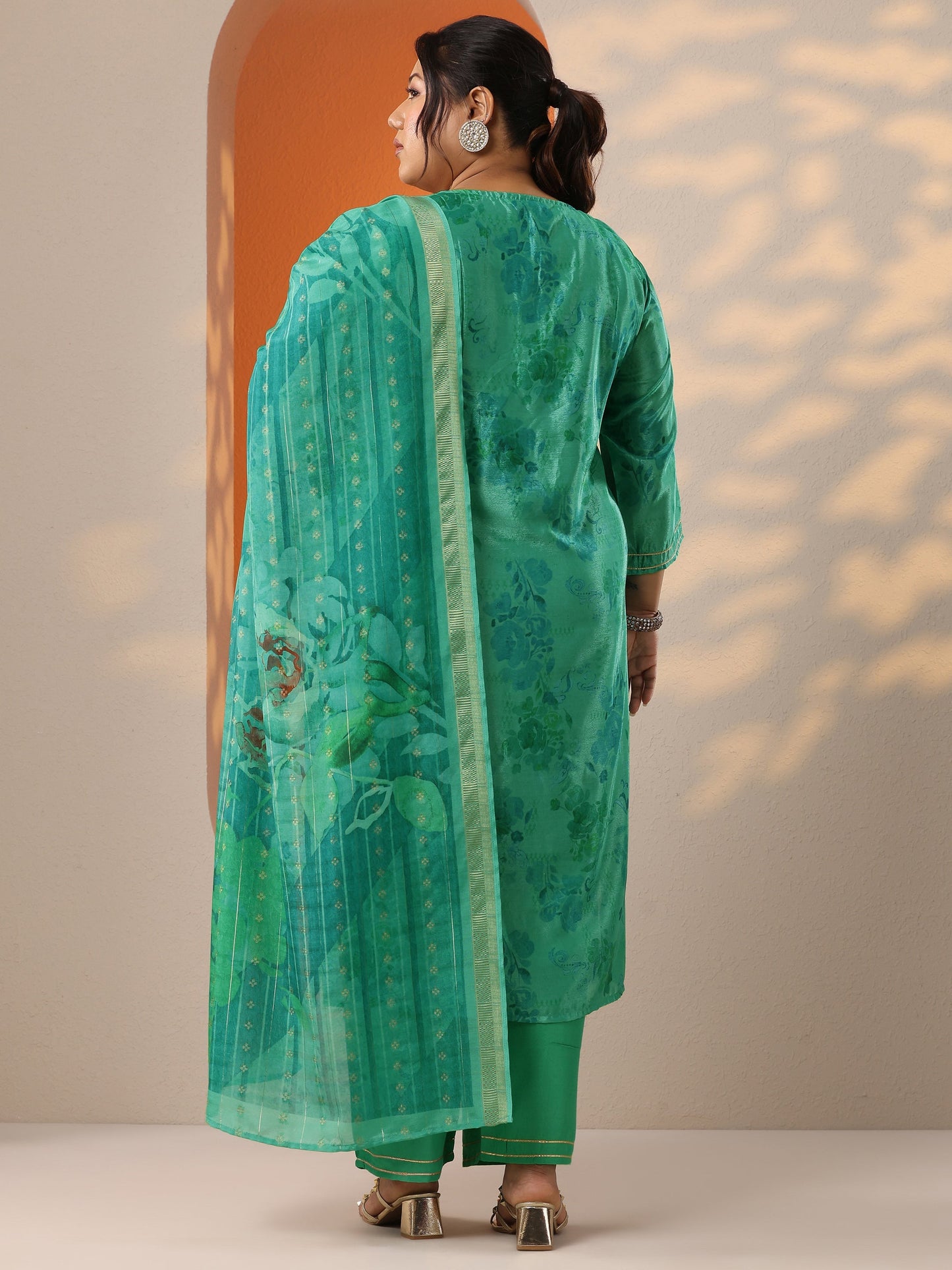 Plus Size Green Printed Chinon Straight Suit Set With Dupatta