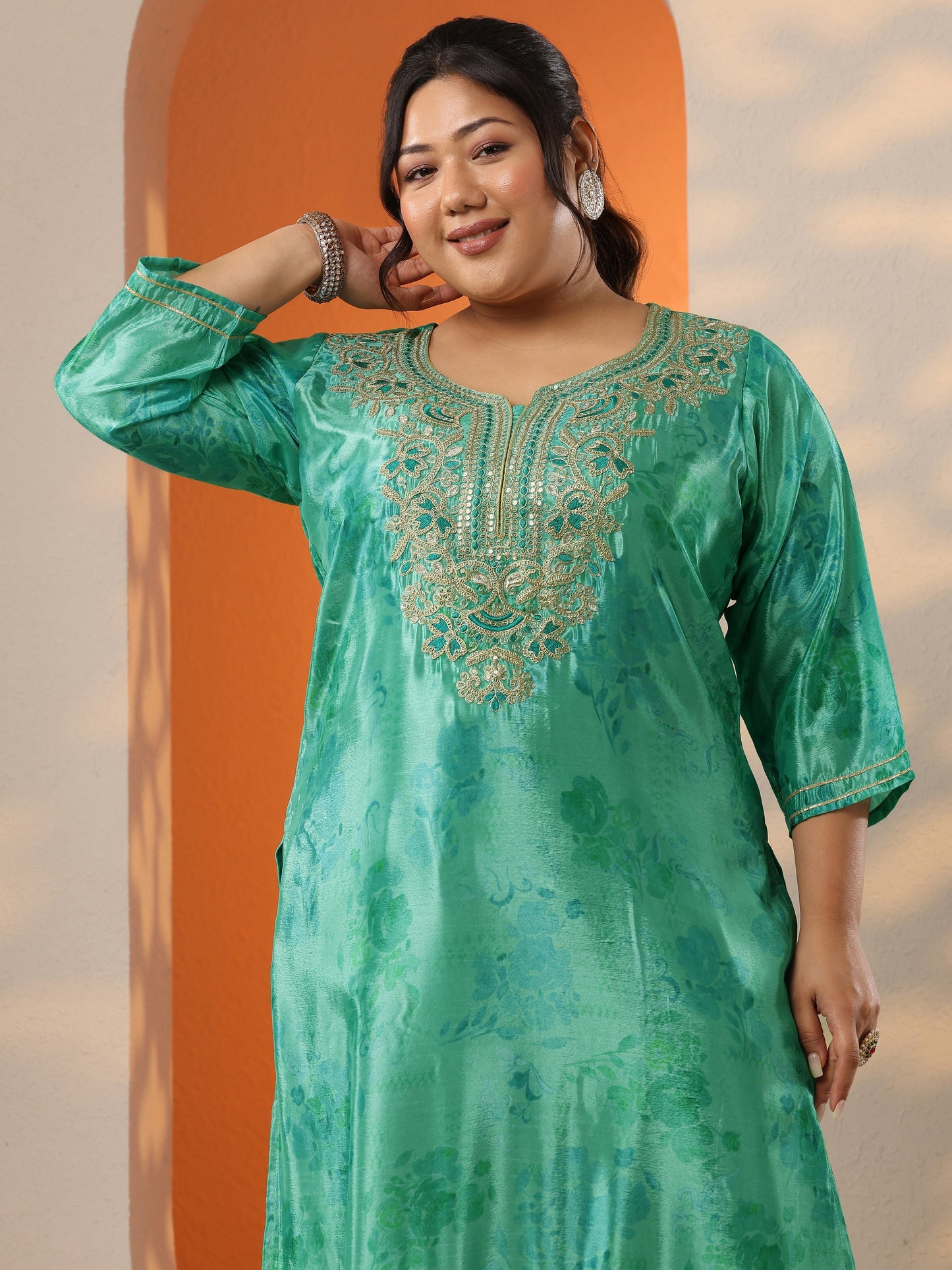 Plus Size Green Printed Chinon Straight Suit Set With Dupatta