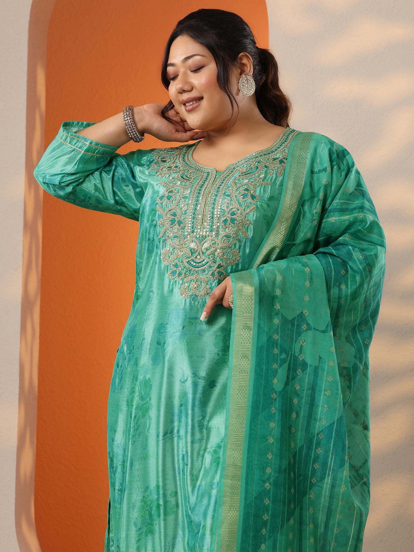 Plus Size Green Printed Chinon Straight Suit Set With Dupatta