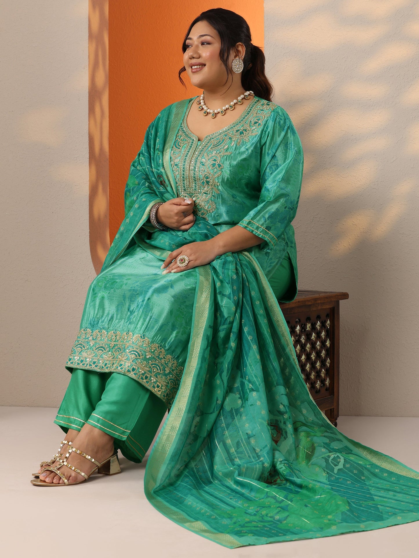 Plus Size Green Printed Chinon Straight Suit Set With Dupatta