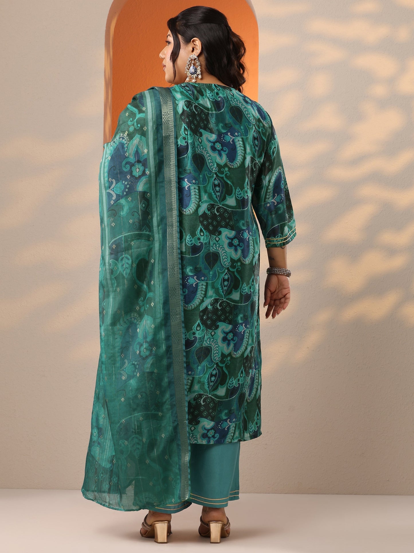 Plus Size Green Printed Chinon Straight Suit Set With Dupatta