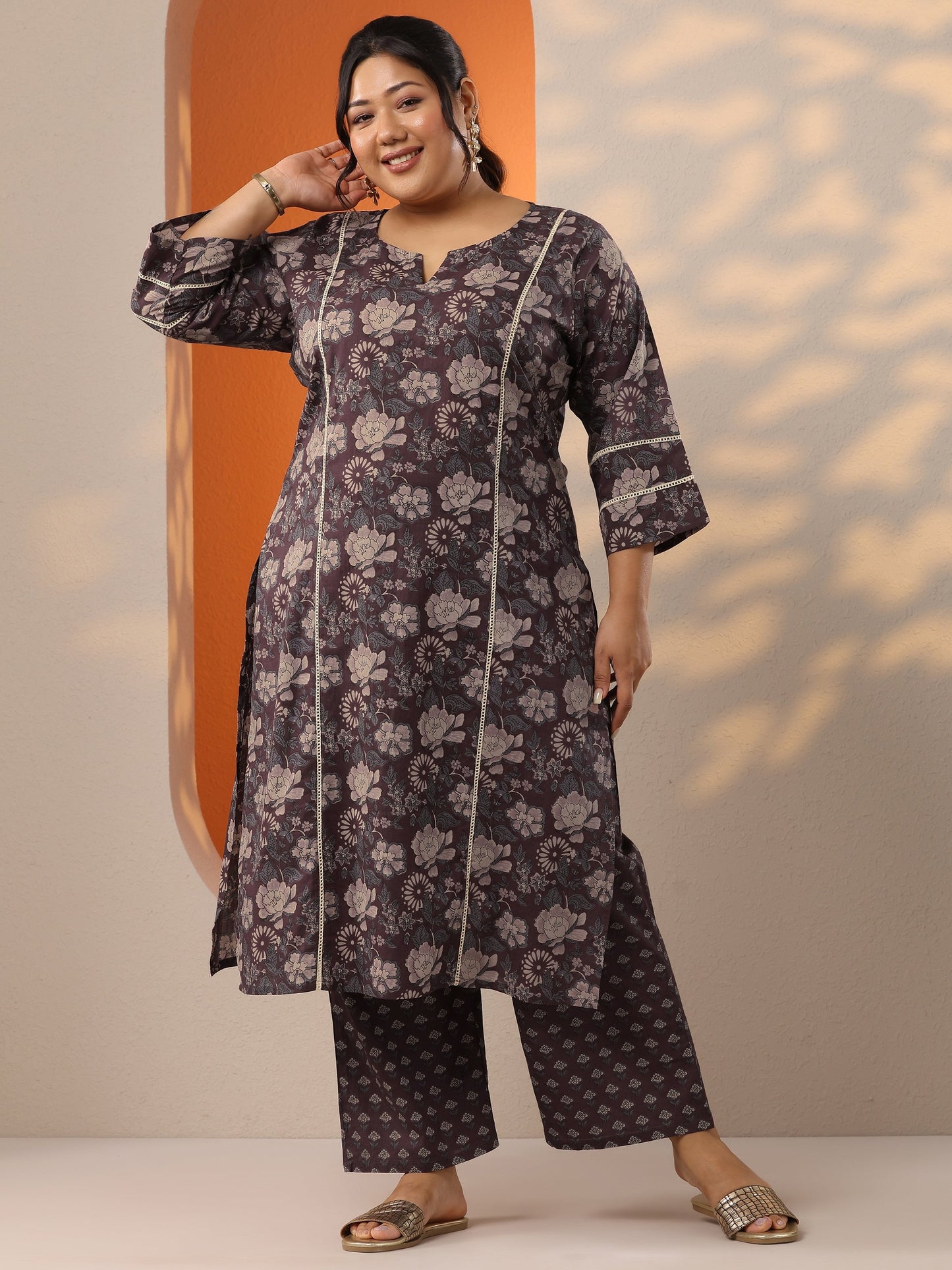 Plus Size Brown Printed Cotton Straight Kurta Set