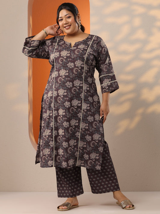 Plus Size Brown Printed Cotton Straight Kurta Set