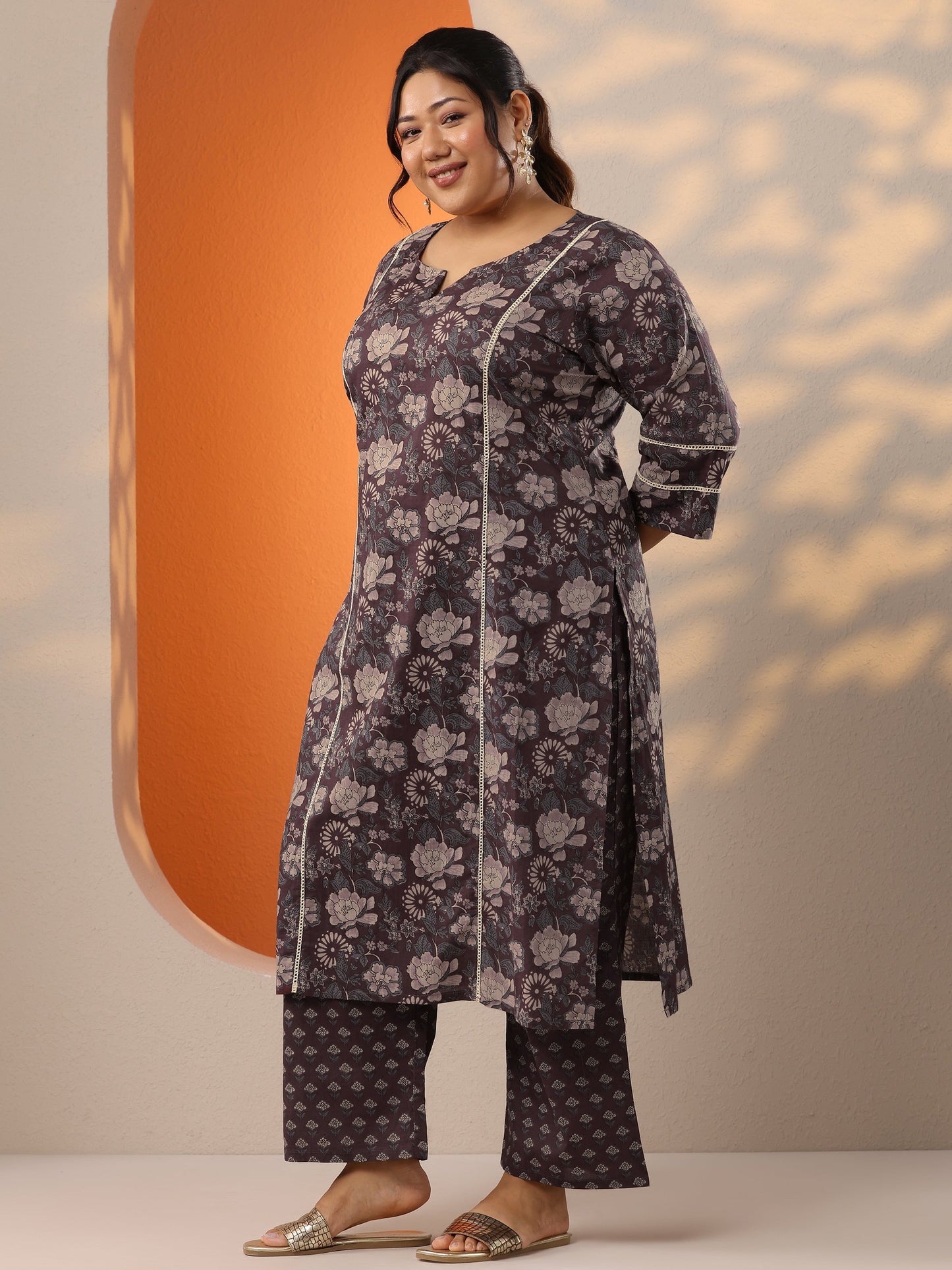 Plus Size Brown Printed Cotton Straight Kurta Set