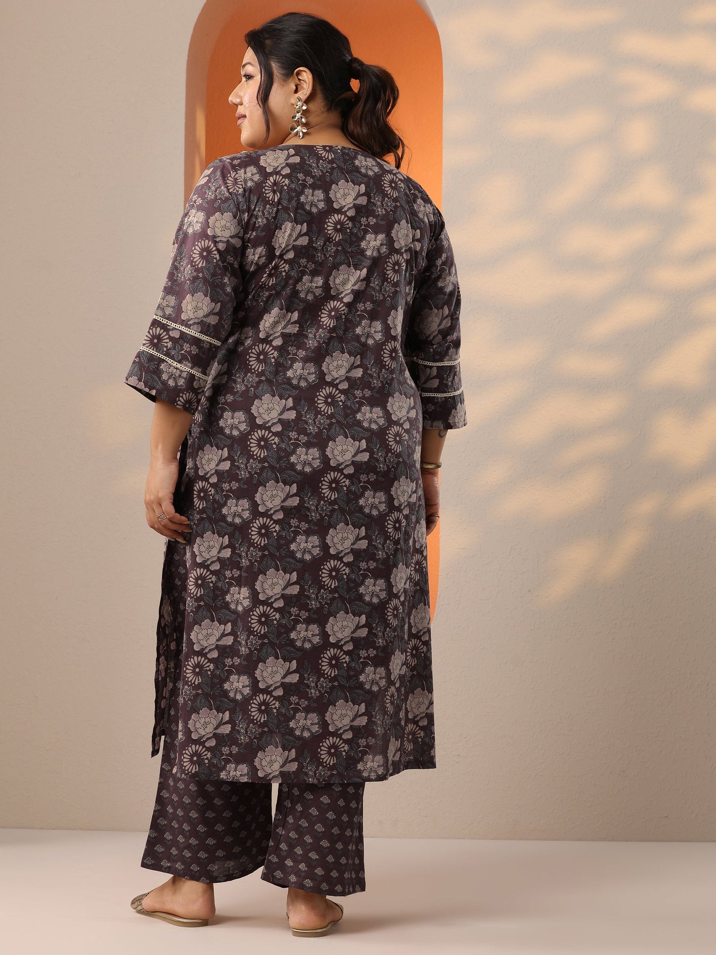 Plus Size Brown Printed Cotton Straight Kurta Set