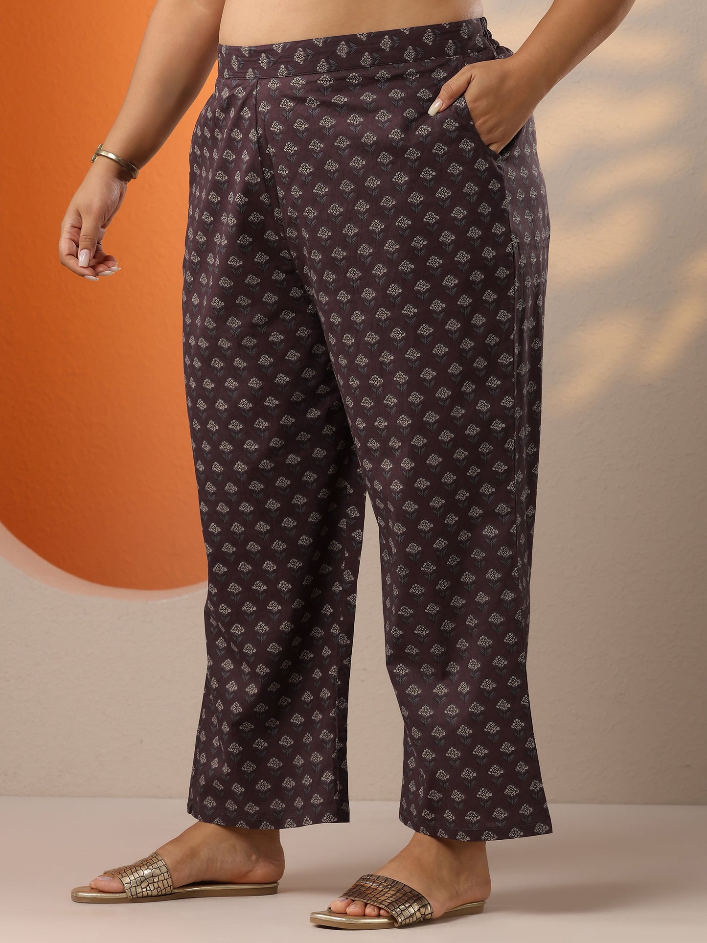 Plus Size Brown Printed Cotton Straight Kurta Set