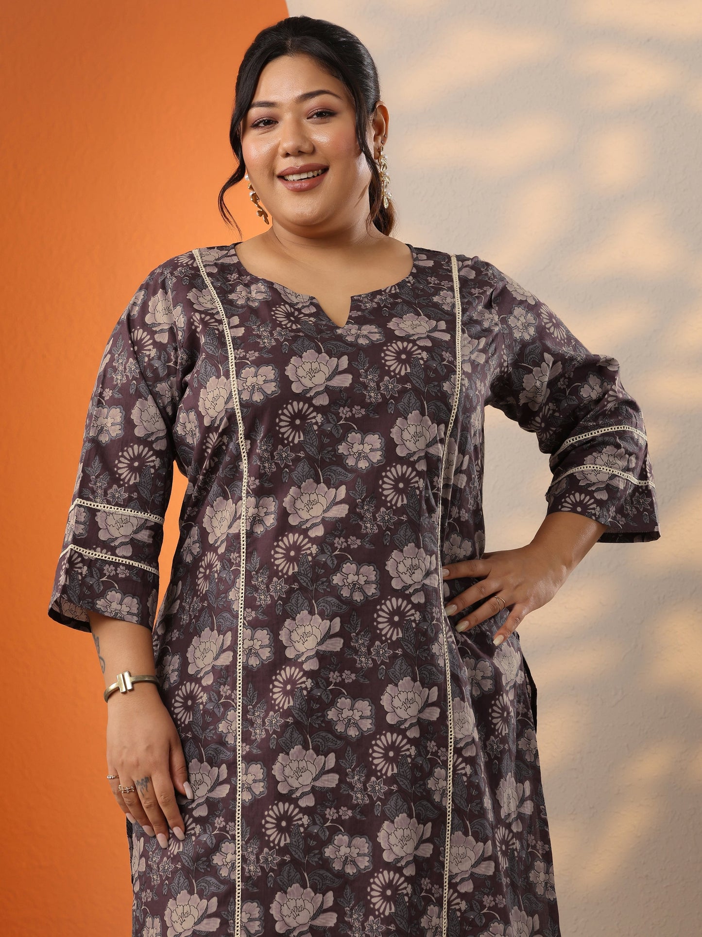 Plus Size Brown Printed Cotton Straight Kurta Set