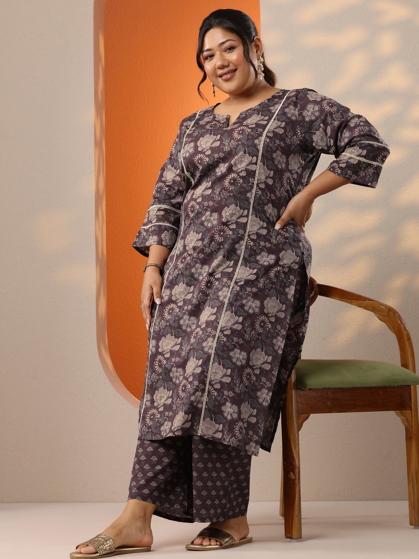 Plus Size Brown Printed Cotton Straight Kurta Set