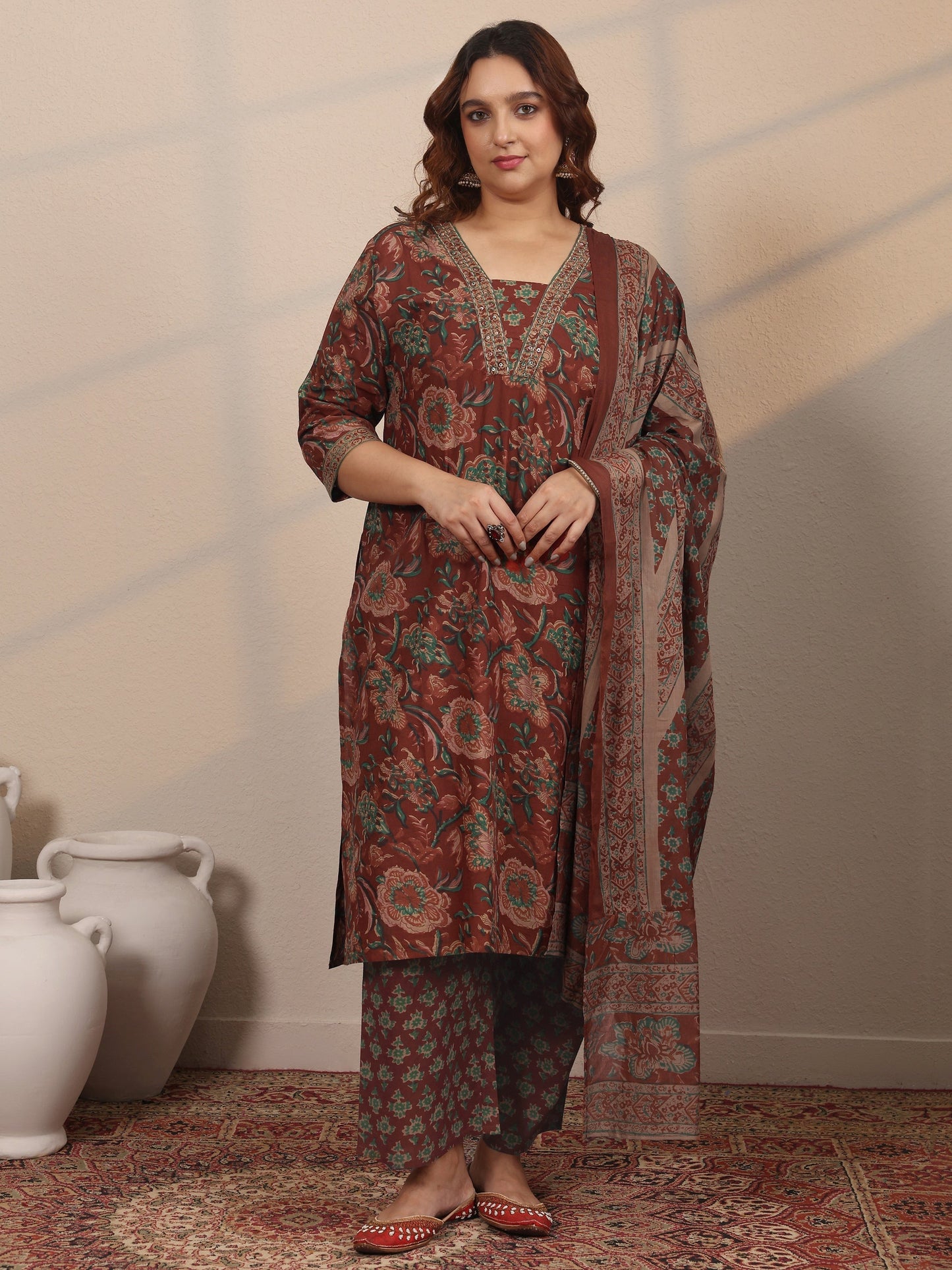 Plus Size Maroon Printed Cotton Straight Suit Set With Dupatta