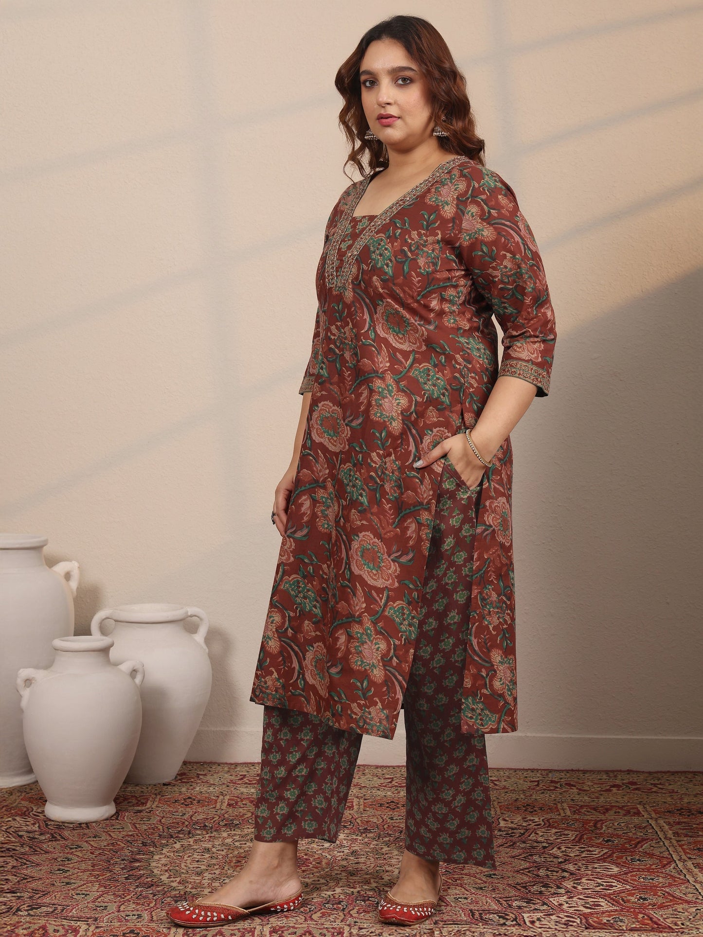 Plus Size Maroon Printed Cotton Straight Suit Set With Dupatta