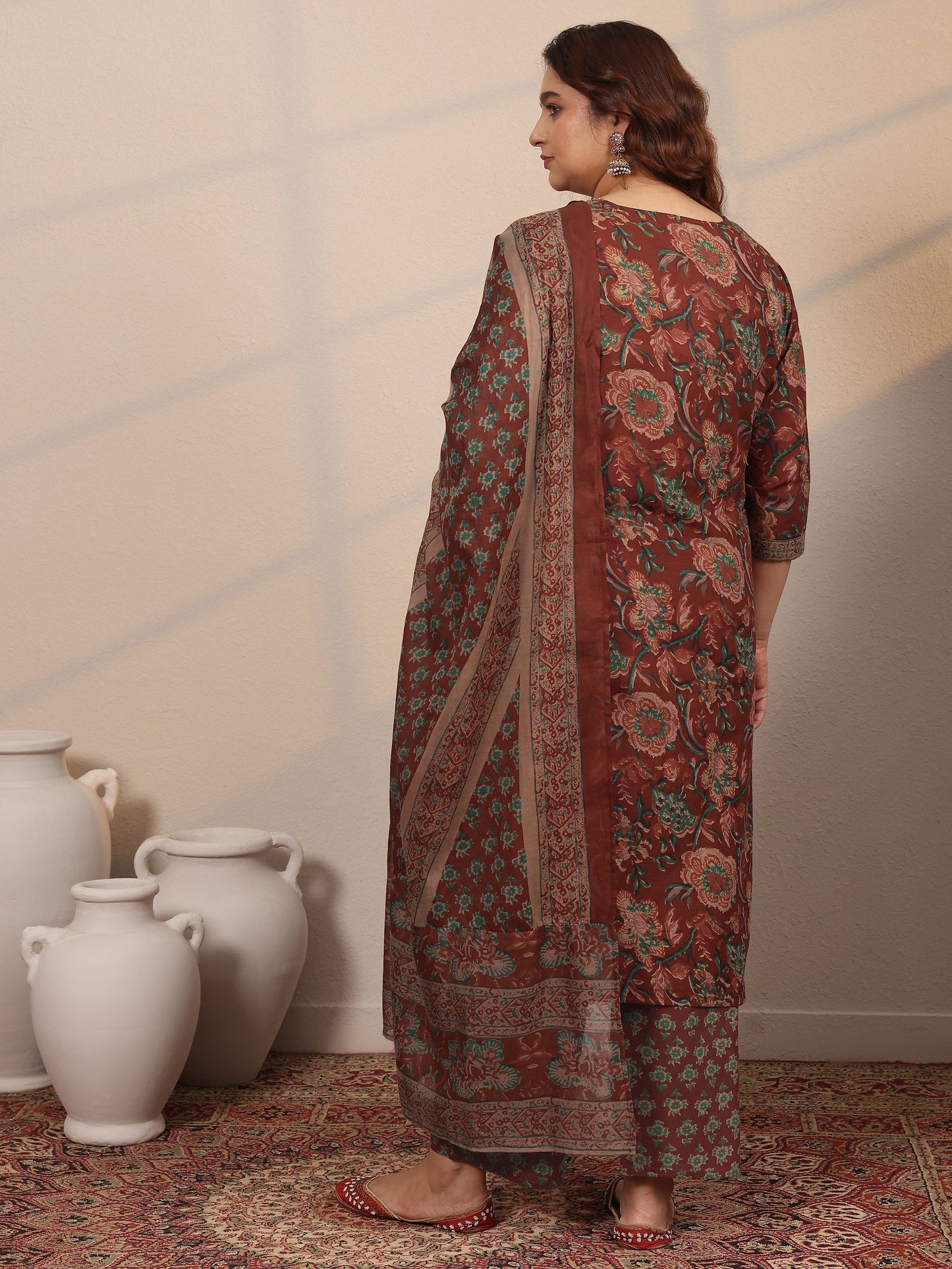 Plus Size Maroon Printed Cotton Straight Suit Set With Dupatta
