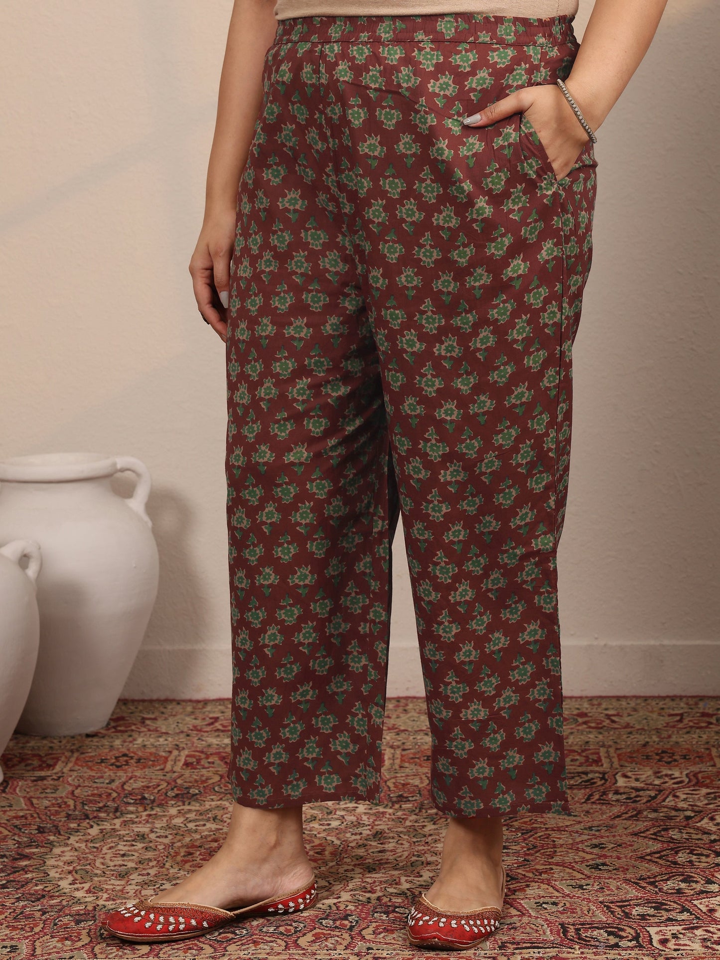 Plus Size Maroon Printed Cotton Straight Suit Set With Dupatta