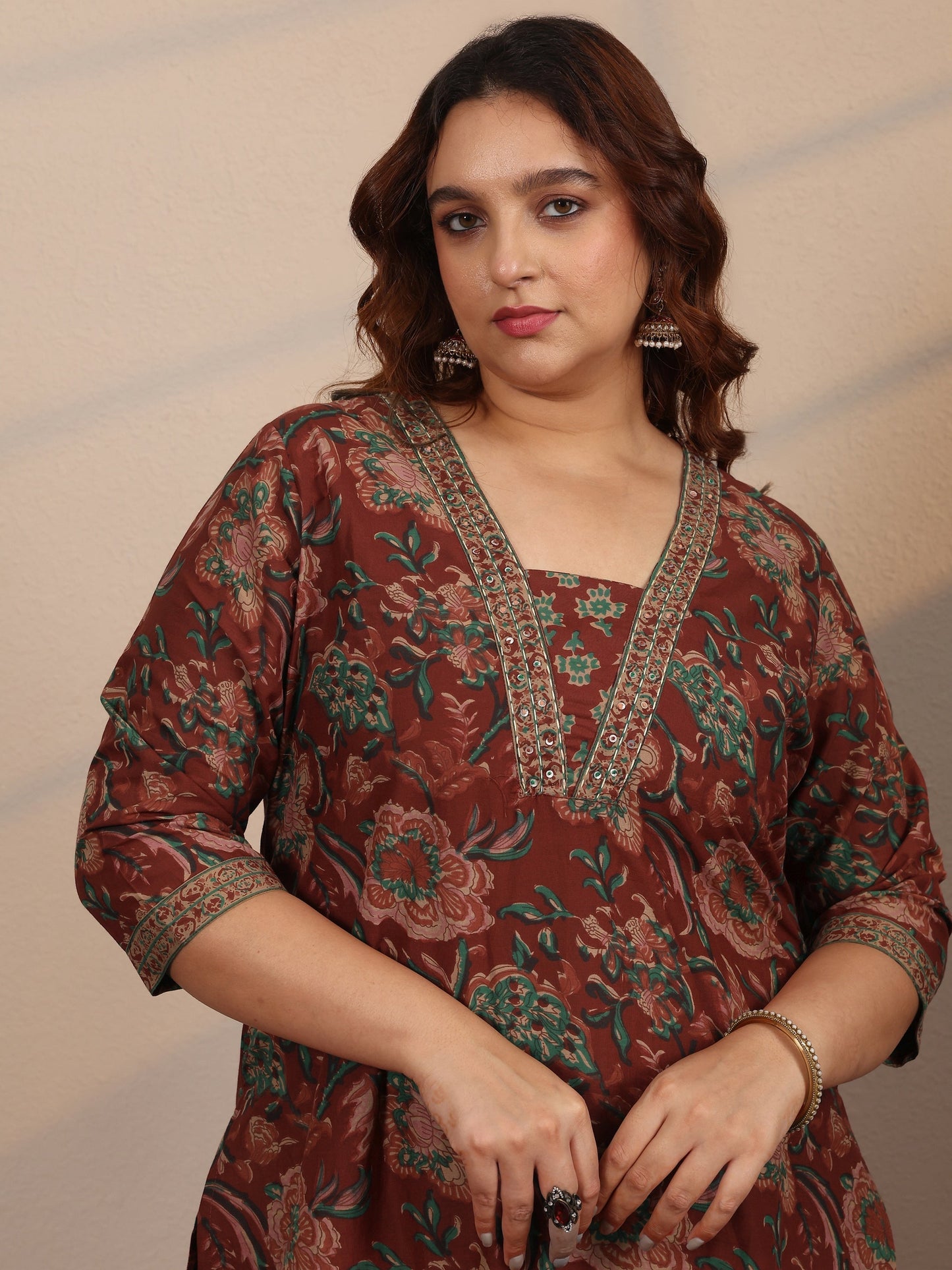 Plus Size Maroon Printed Cotton Straight Suit Set With Dupatta