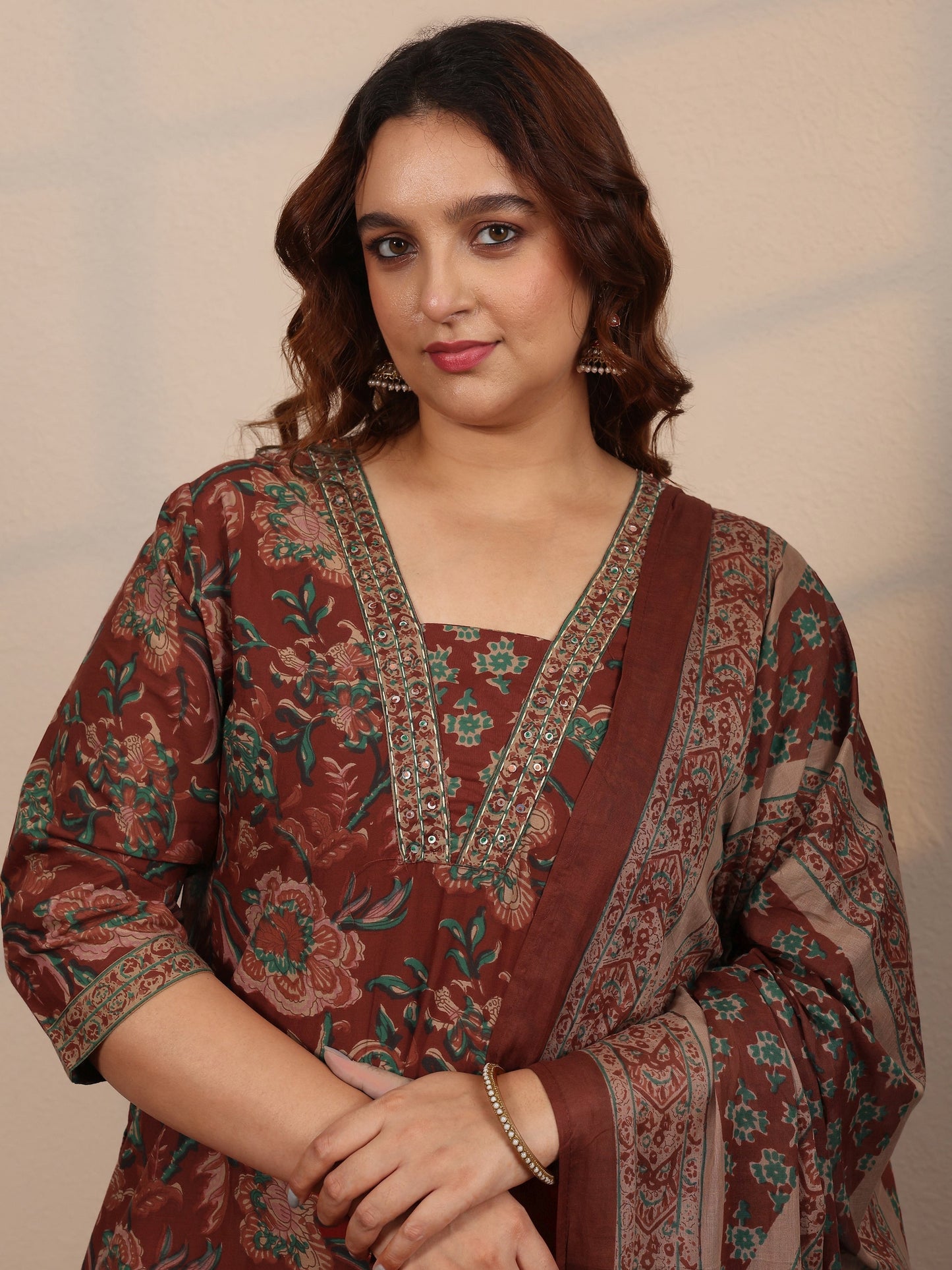 Plus Size Maroon Printed Cotton Straight Suit Set With Dupatta
