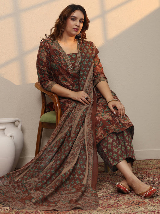 Plus Size Maroon Printed Cotton Straight Suit Set With Dupatta