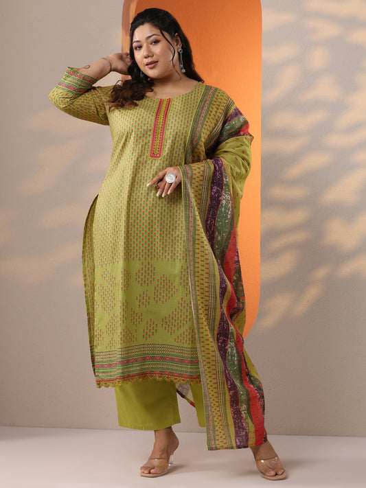 Plus Size Green Printed Cotton Straight Suit Set With Dupatta
