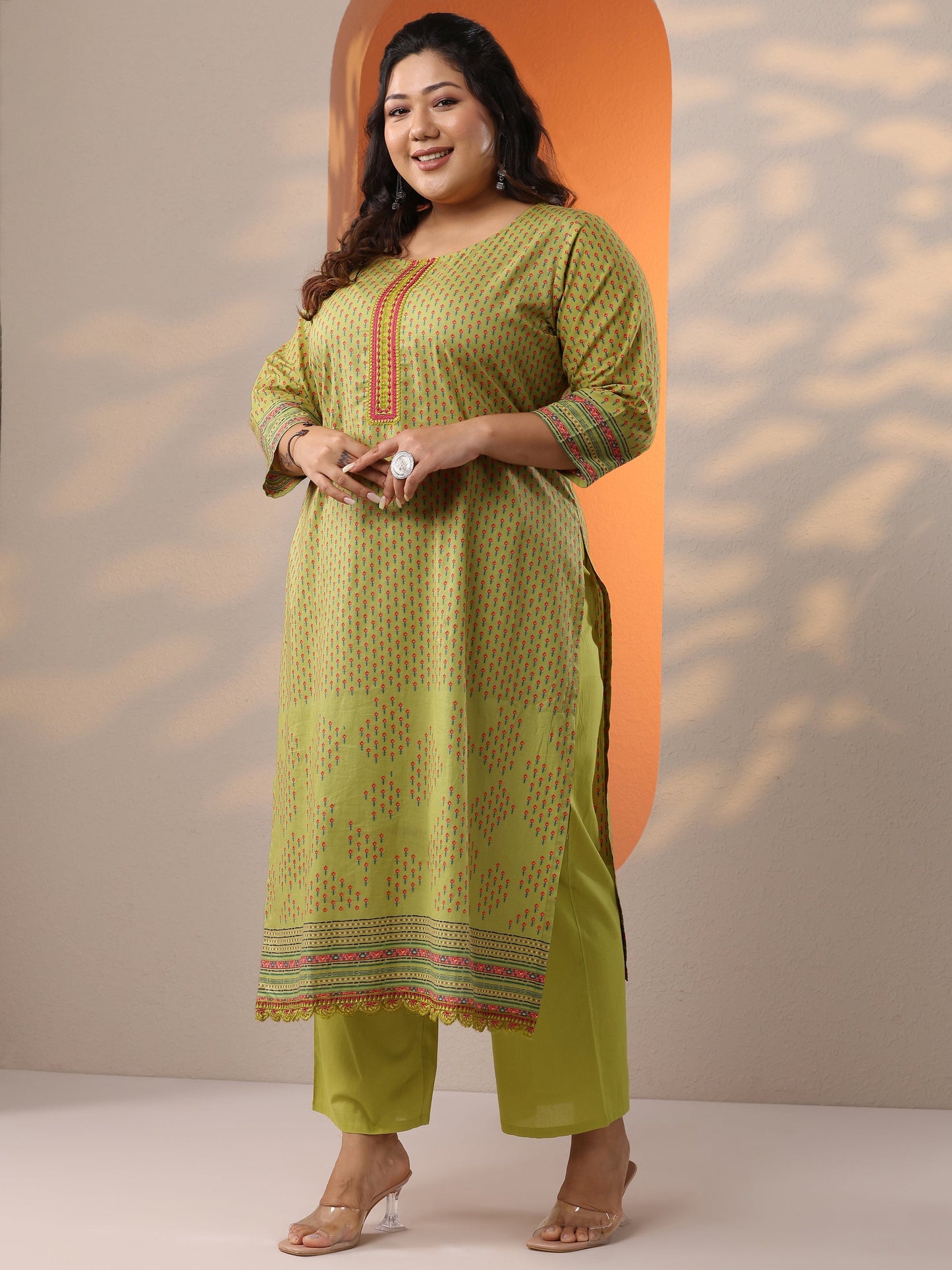 Plus Size Green Printed Cotton Straight Suit Set With Dupatta