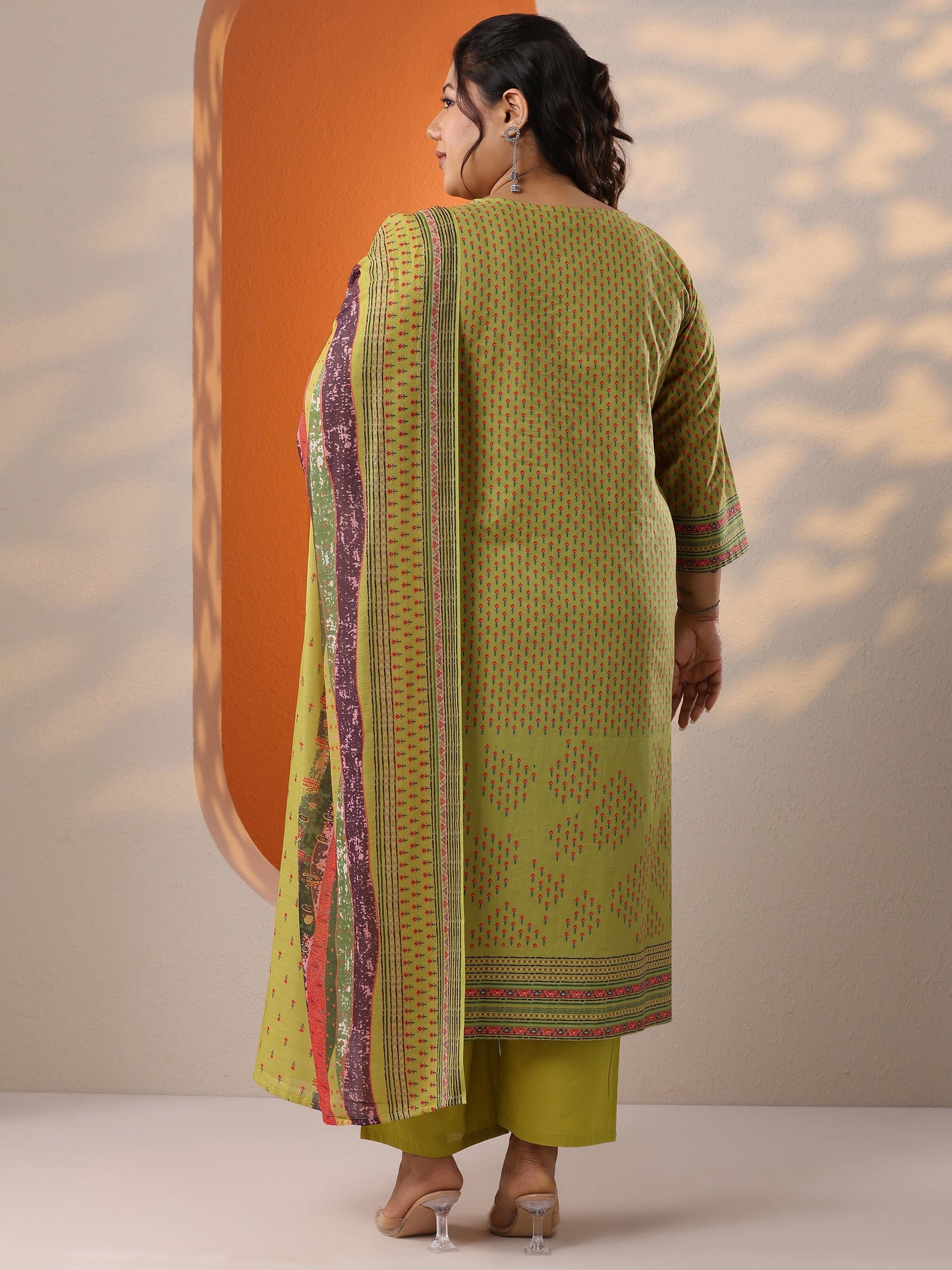 Plus Size Green Printed Cotton Straight Suit Set With Dupatta