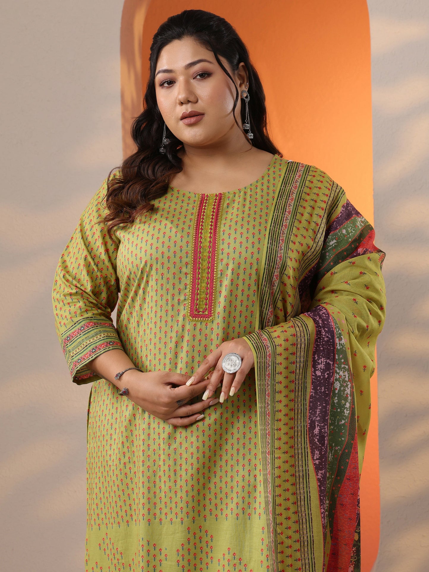 Plus Size Green Printed Cotton Straight Suit Set With Dupatta