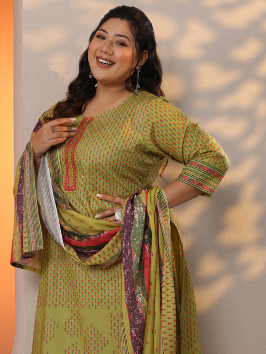 Plus Size Green Printed Cotton Straight Suit Set With Dupatta