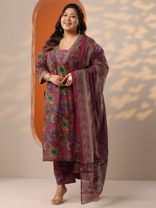 Plus Size Pink Printed Cotton Straight Suit Set With Dupatta
