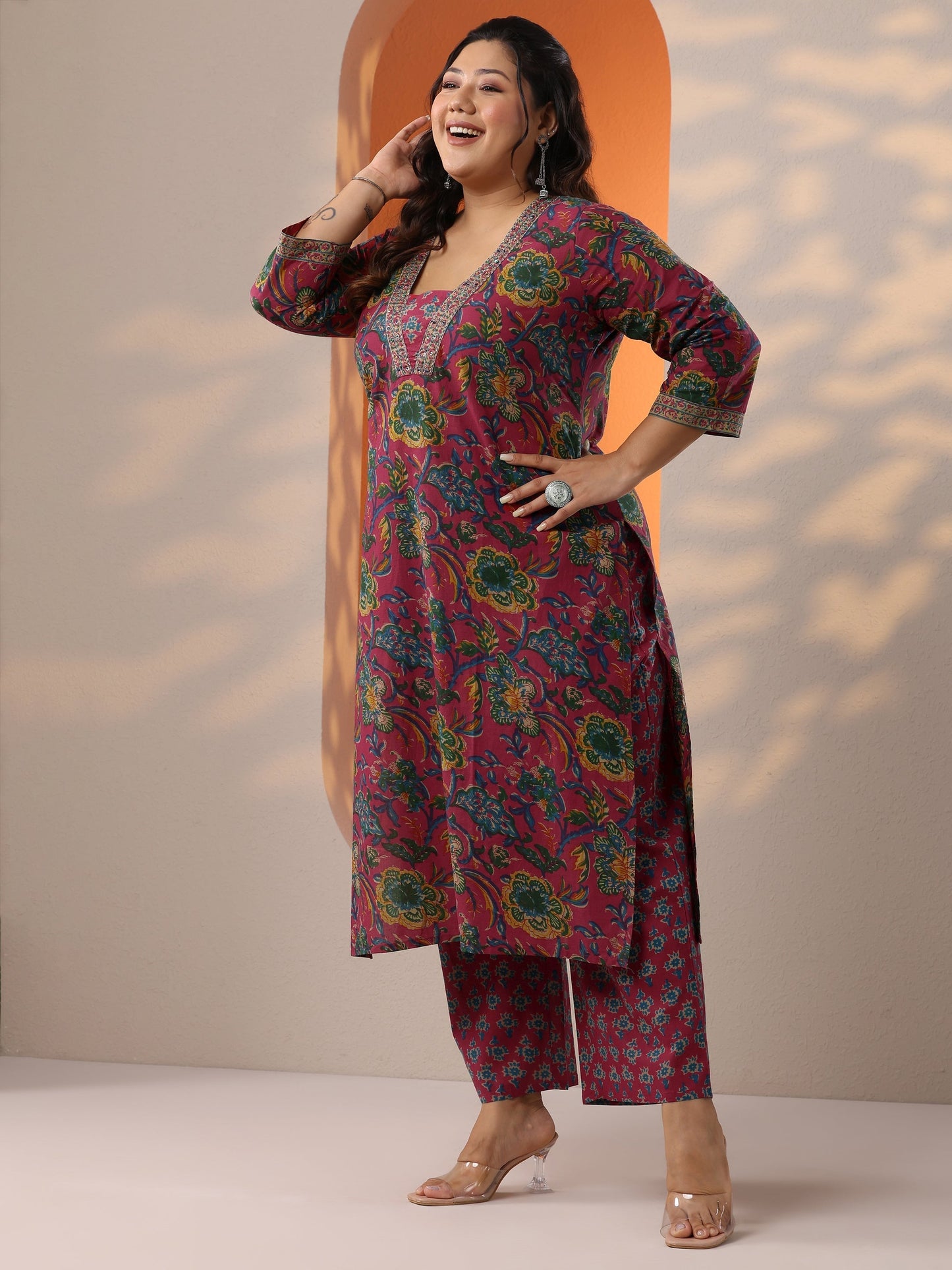 Plus Size Pink Printed Cotton Straight Suit Set With Dupatta