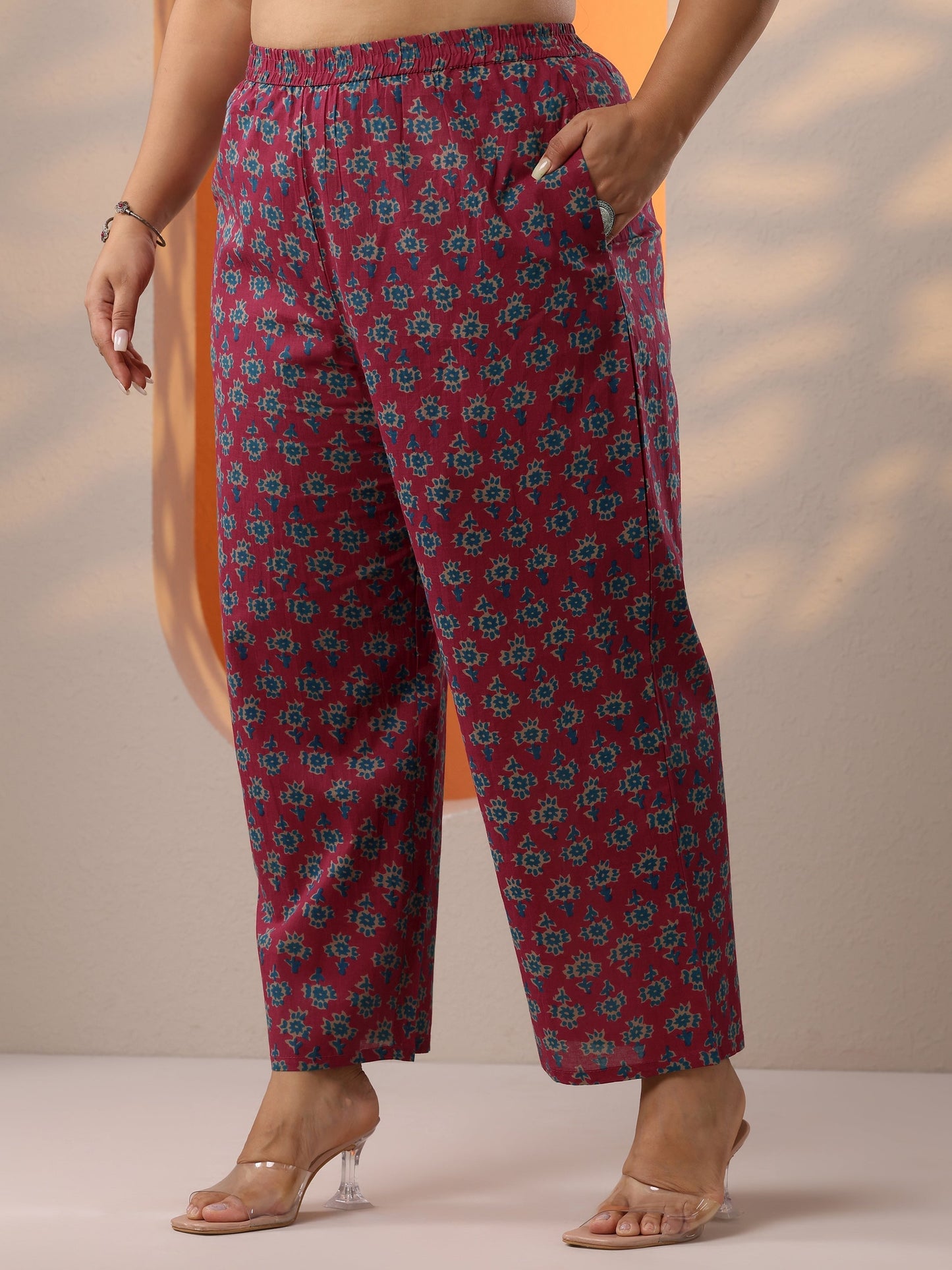 Plus Size Pink Printed Cotton Straight Suit Set With Dupatta