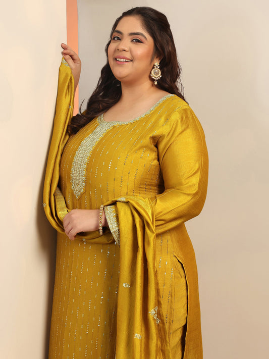 Plus Size Mustard Embellished Silk blend Straight Suit Set With Dupatta