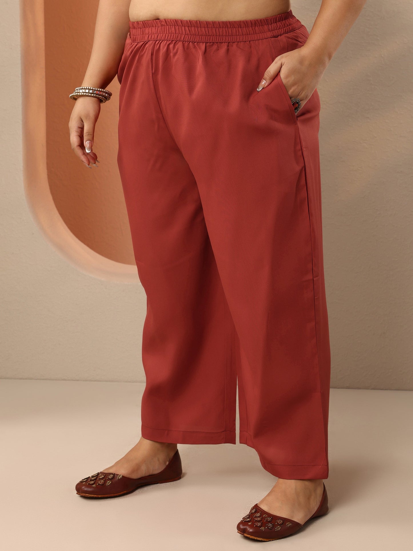 Plus Size Rust Woven Design Silk Blend Straight Suit Set With Dupatta