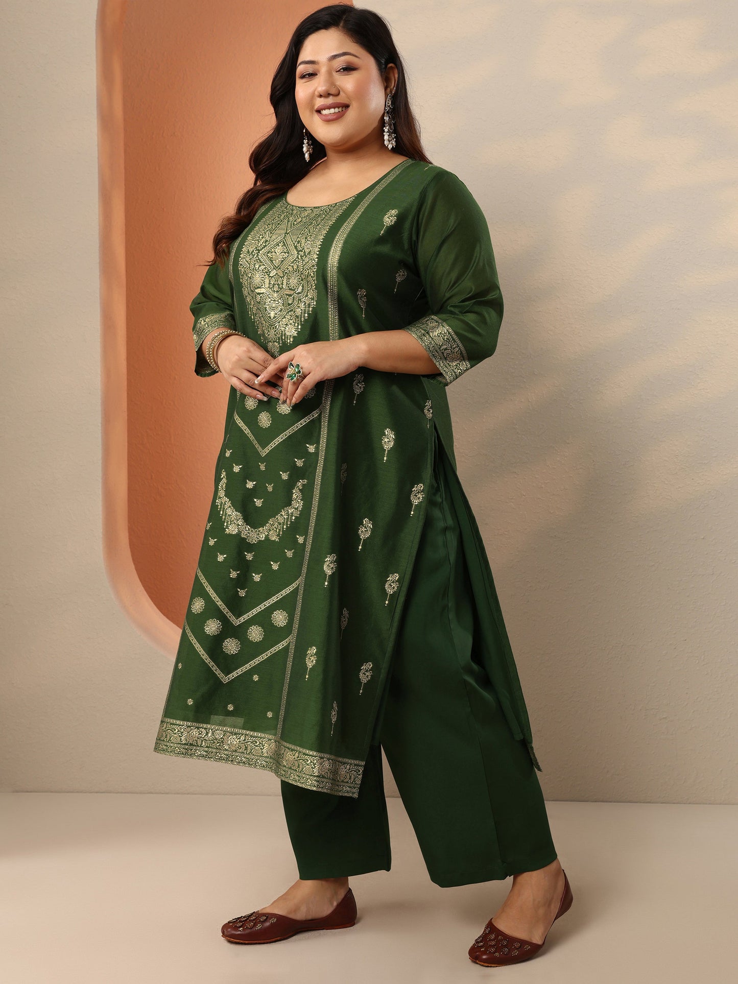 Plus Size Green Woven Design Silk Blend Straight Suit Set With Dupatta