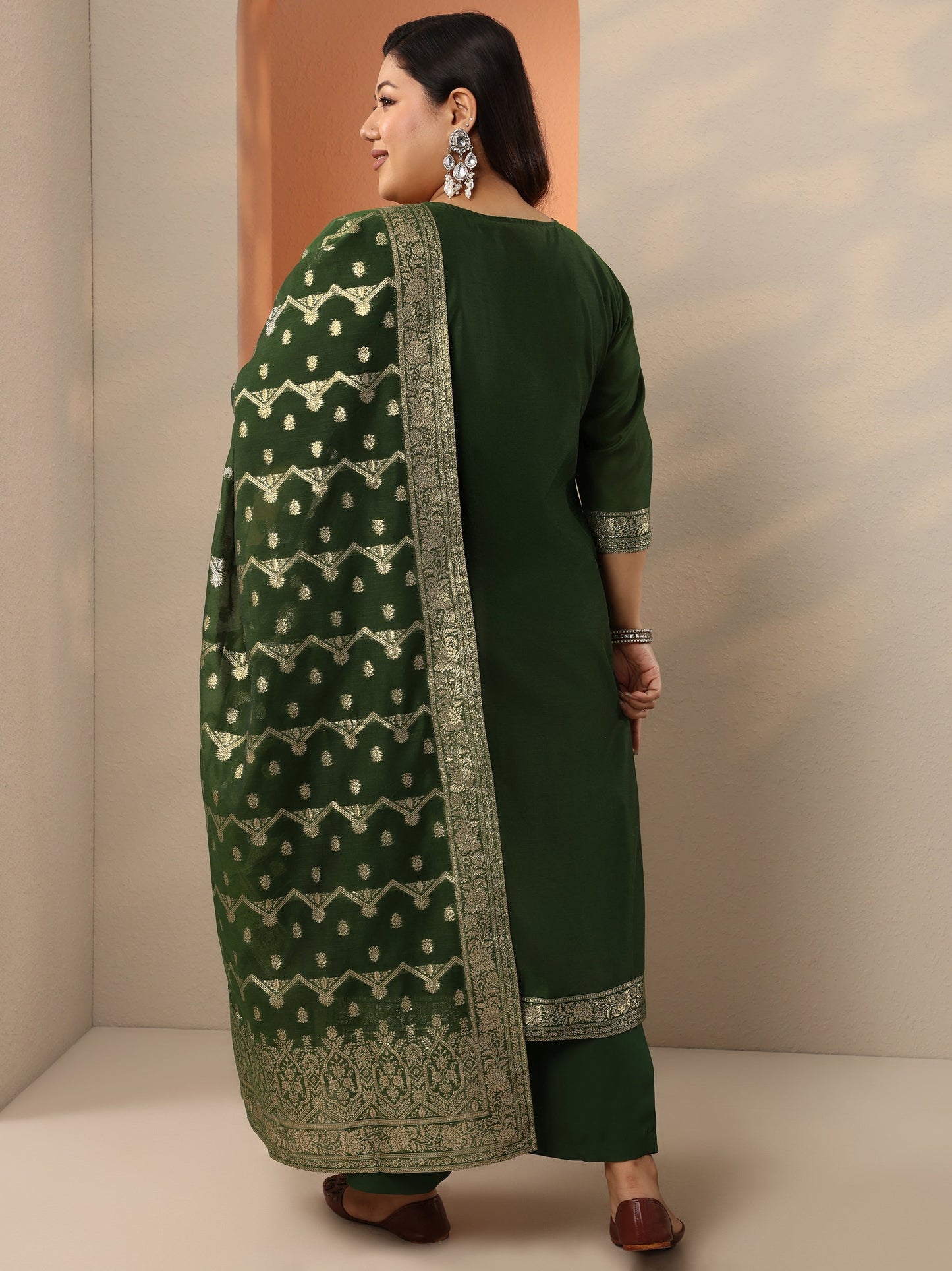Plus Size Green Woven Design Silk Blend Straight Suit Set With Dupatta