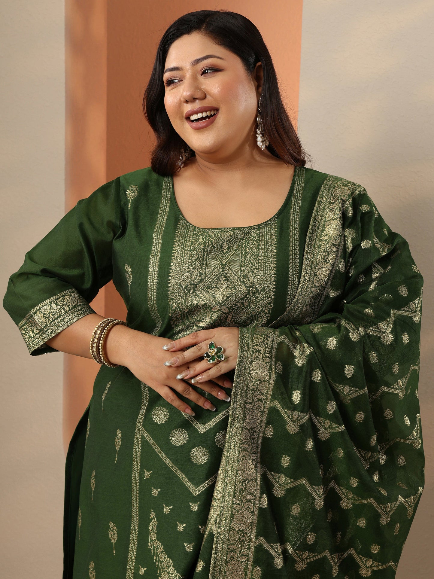 Plus Size Green Woven Design Silk Blend Straight Suit Set With Dupatta