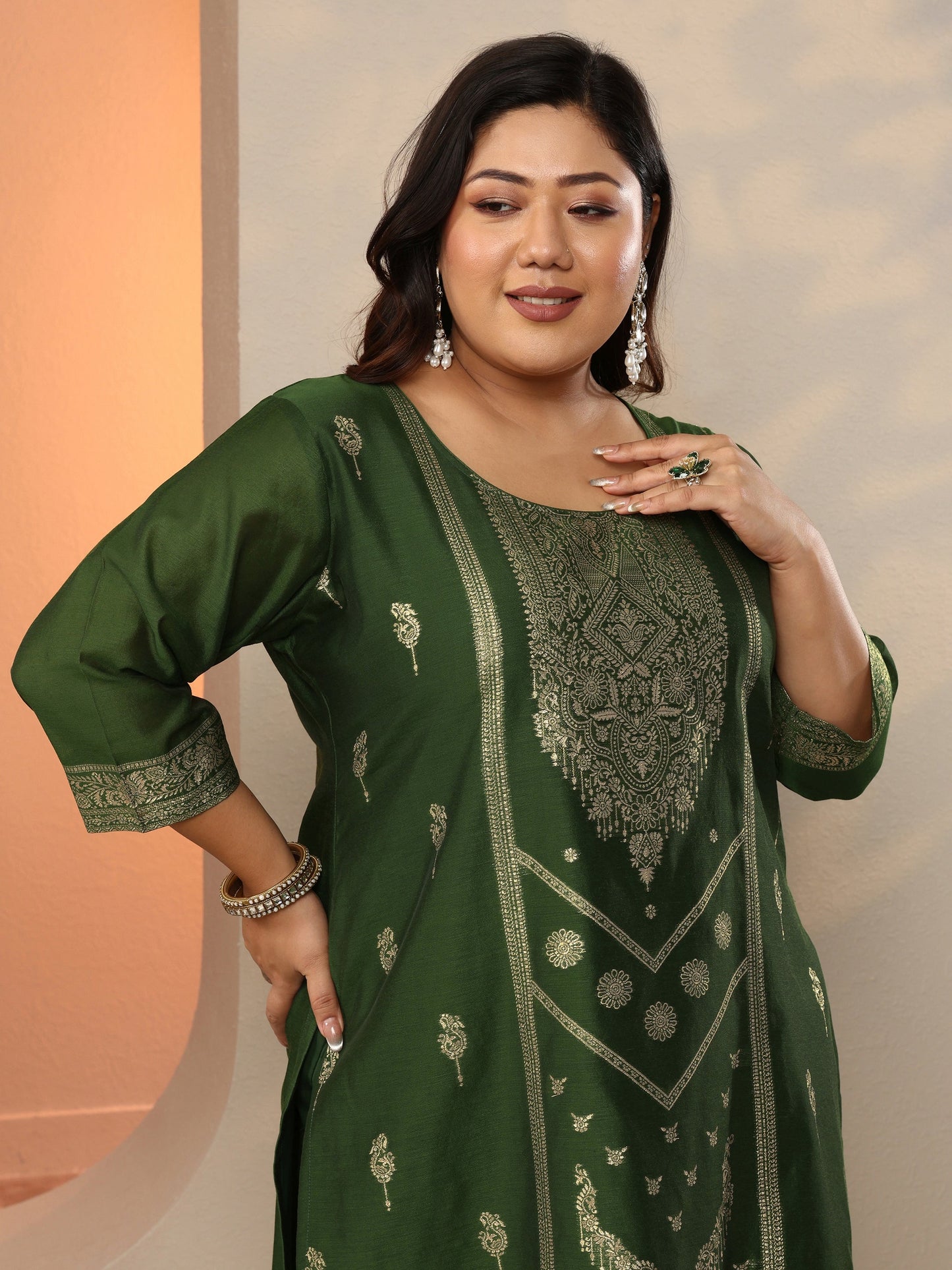 Plus Size Green Woven Design Silk Blend Straight Suit Set With Dupatta