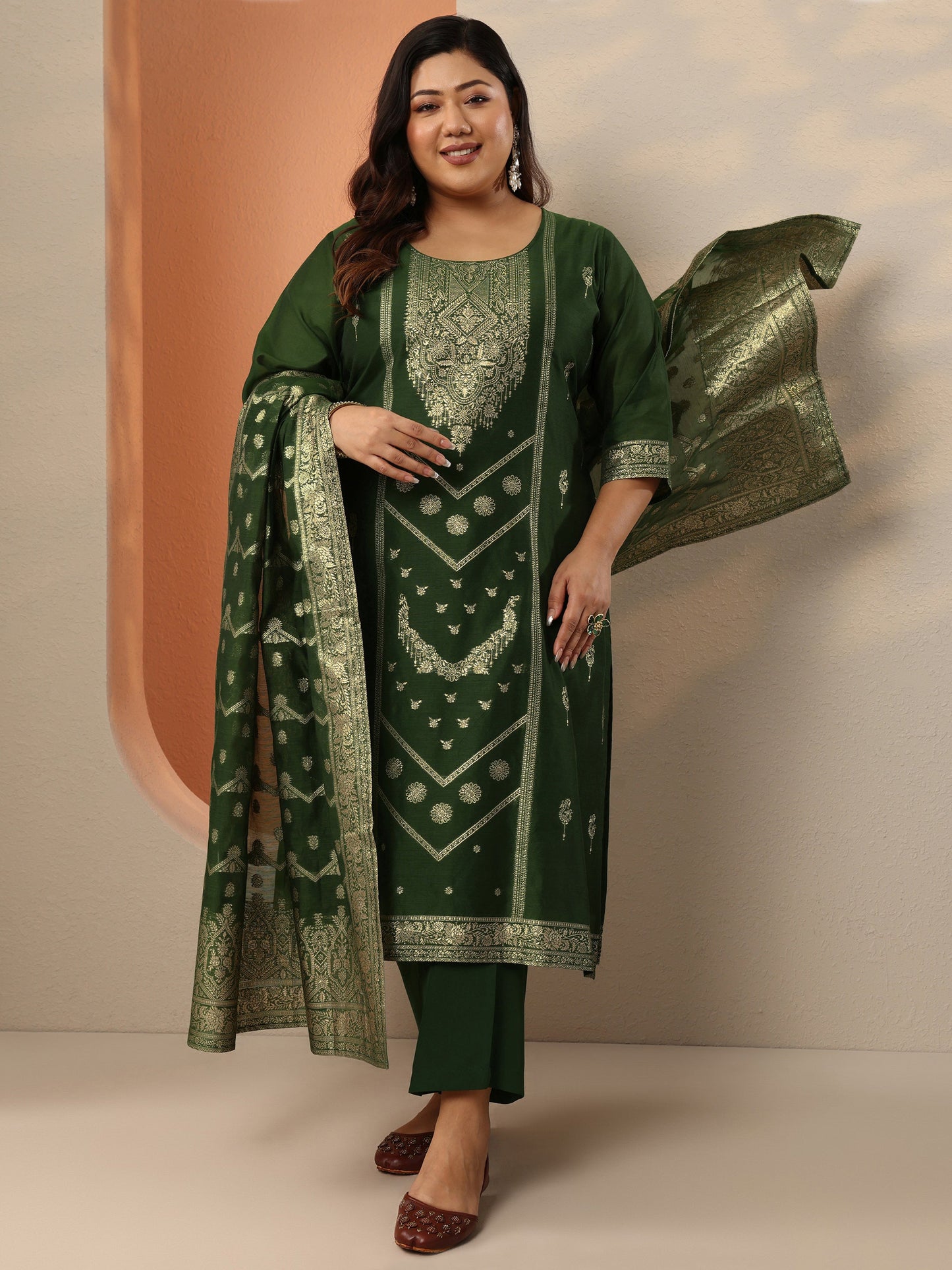 Plus Size Green Woven Design Silk Blend Straight Suit Set With Dupatta