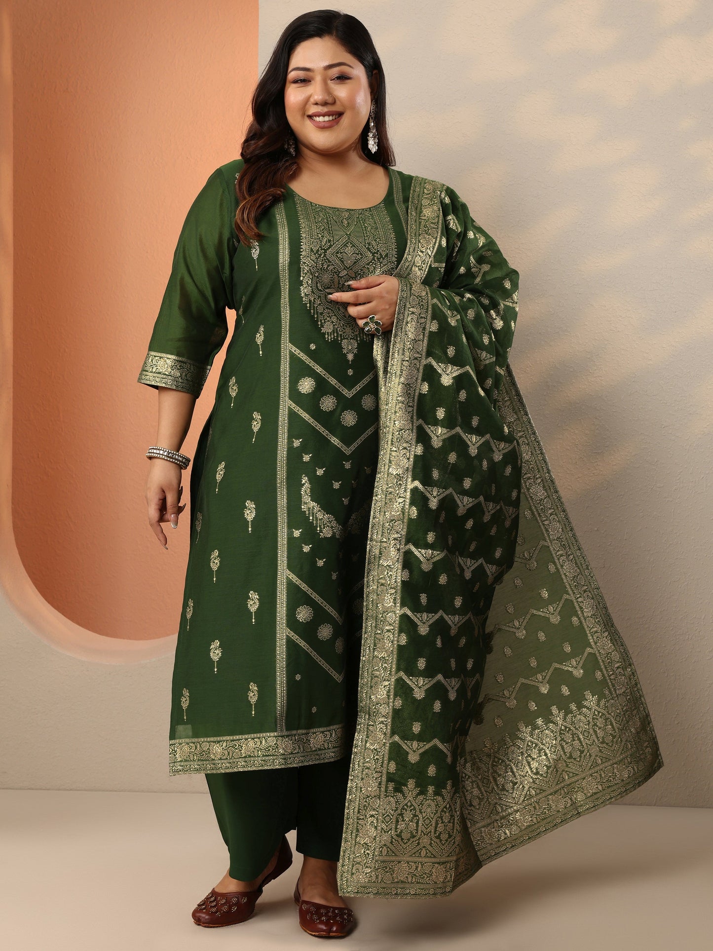 Plus Size Green Woven Design Silk Blend Straight Suit Set With Dupatta