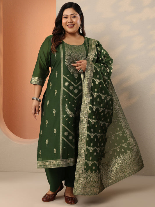 Plus Size Green Woven Design Silk Blend Straight Suit Set With Dupatta