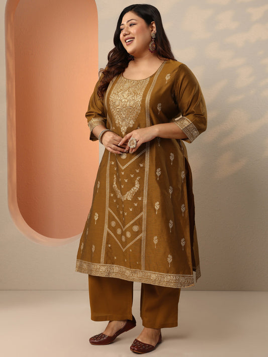 Plus Size Bronze Woven Design Silk Blend Straight Suit Set With Dupatta