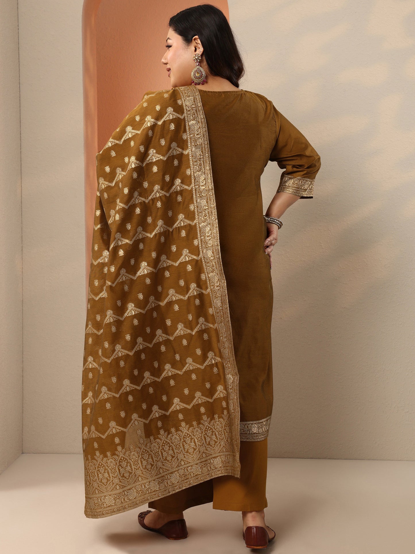 Plus Size Bronze Woven Design Silk Blend Straight Suit Set With Dupatta