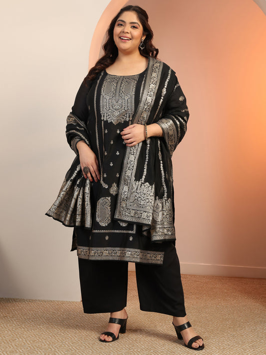Plus Size Black Woven Design Silk blend Straight Suit Set With Dupatta