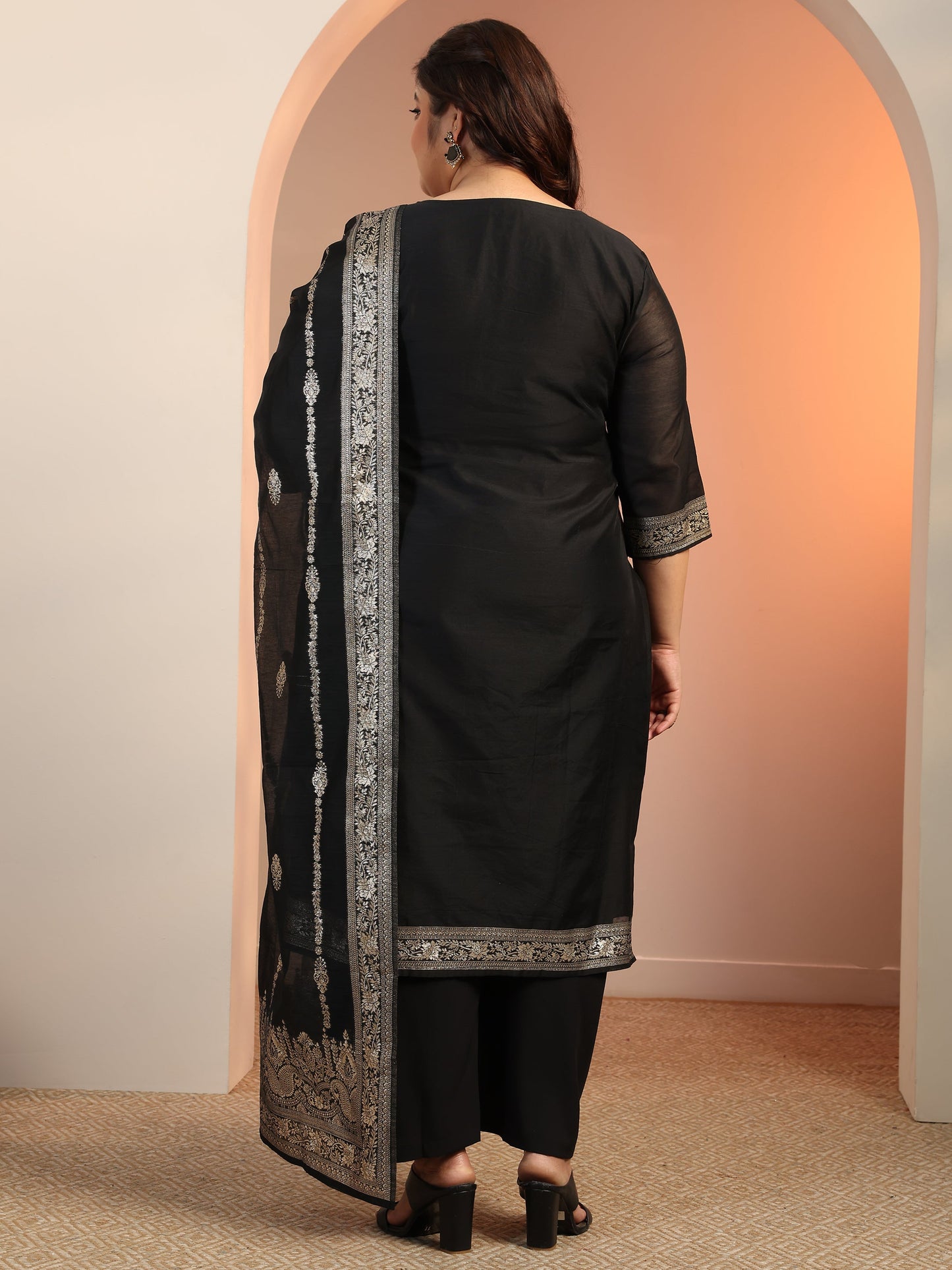 Plus Size Black Woven Design Silk blend Straight Suit Set With Dupatta