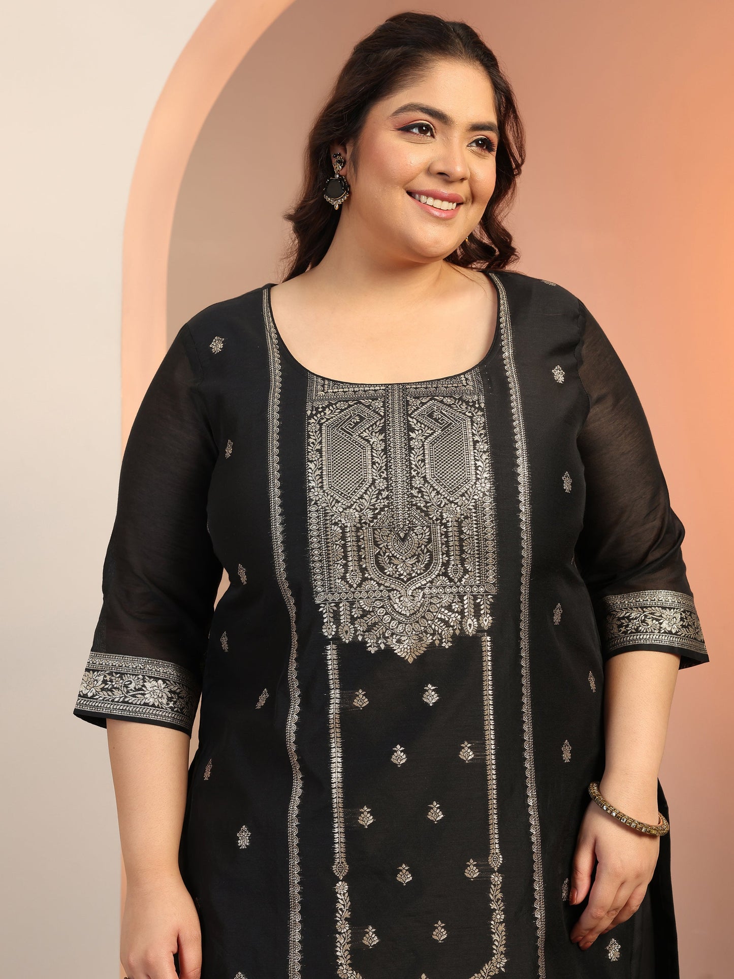 Plus Size Black Woven Design Silk blend Straight Suit Set With Dupatta