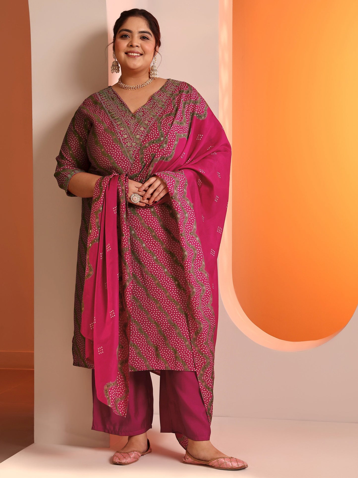 Plus Size Pink Printed Silk Blend Straight Suit Set With Dupatta