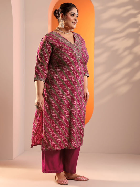 Plus Size Pink Printed Silk Blend Straight Suit Set With Dupatta