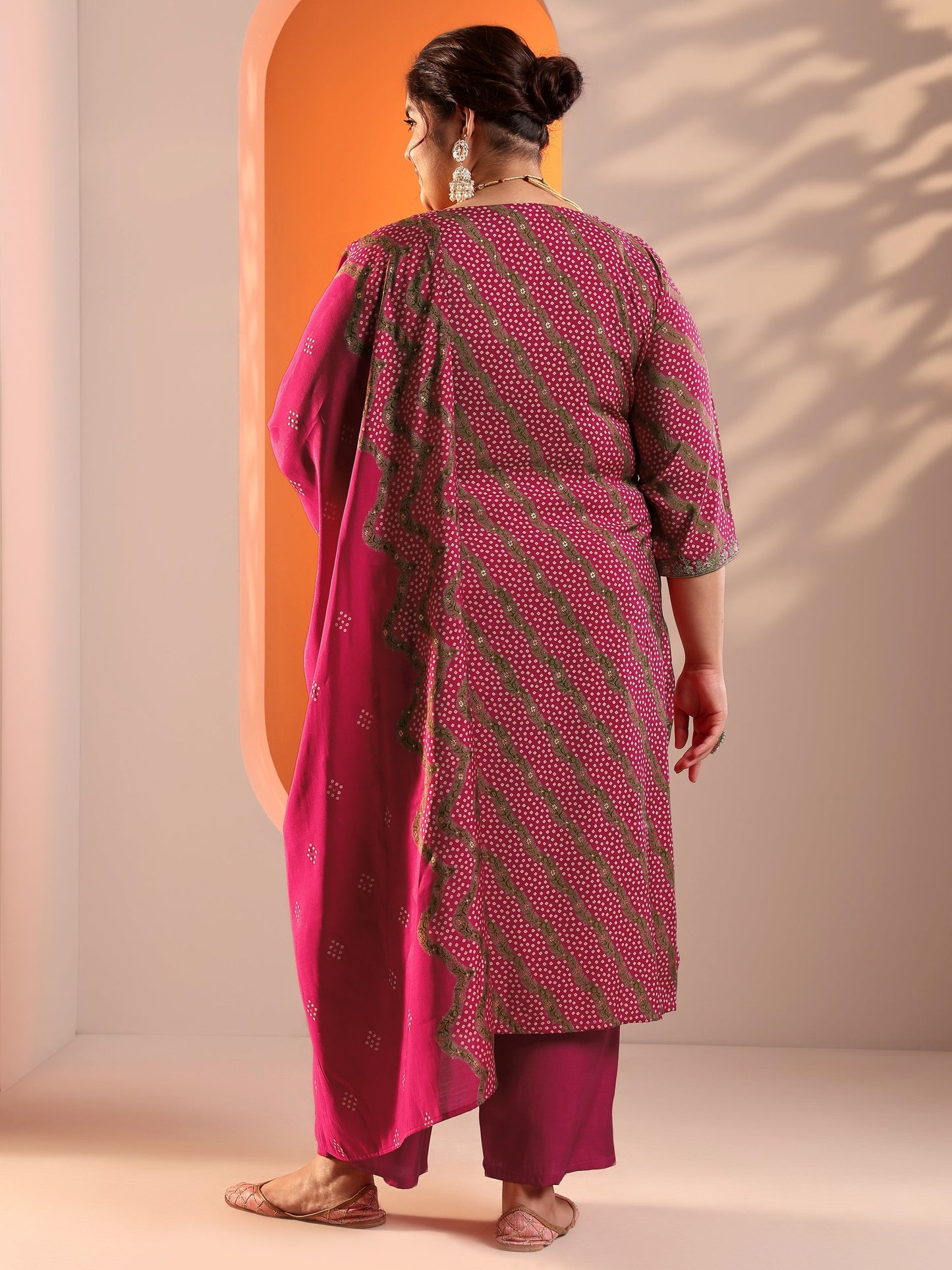 Plus Size Pink Printed Silk Blend Straight Suit Set With Dupatta