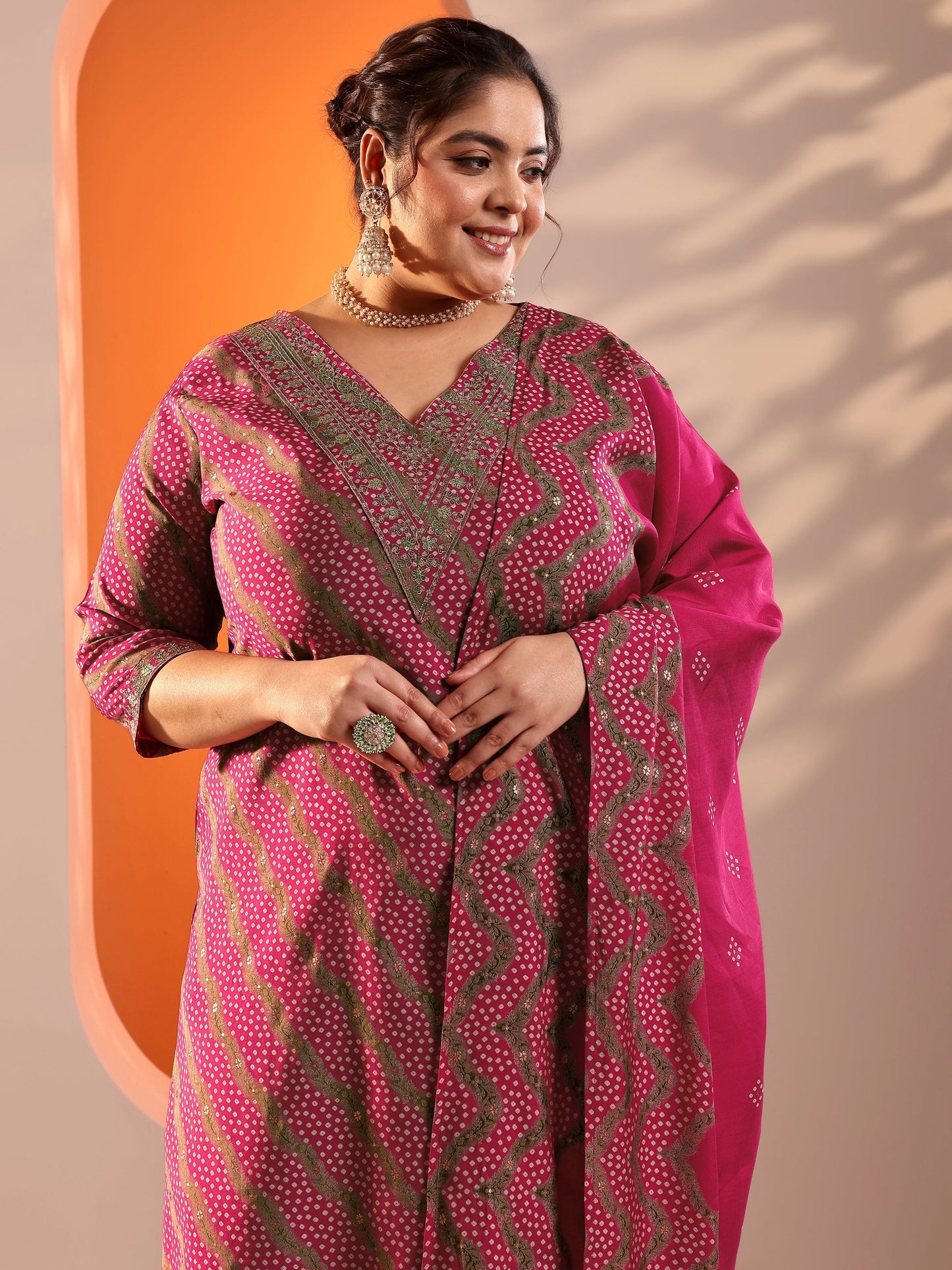 Plus Size Pink Printed Silk Blend Straight Suit Set With Dupatta
