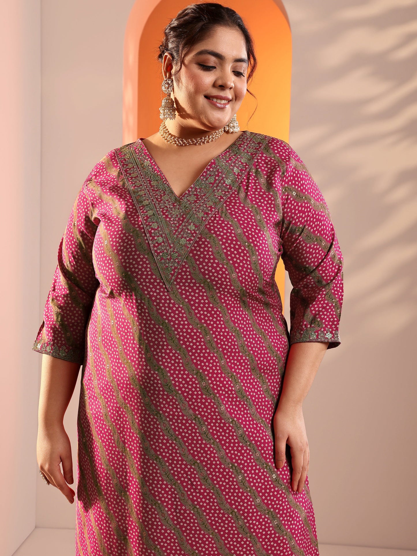 Plus Size Pink Printed Silk Blend Straight Suit Set With Dupatta