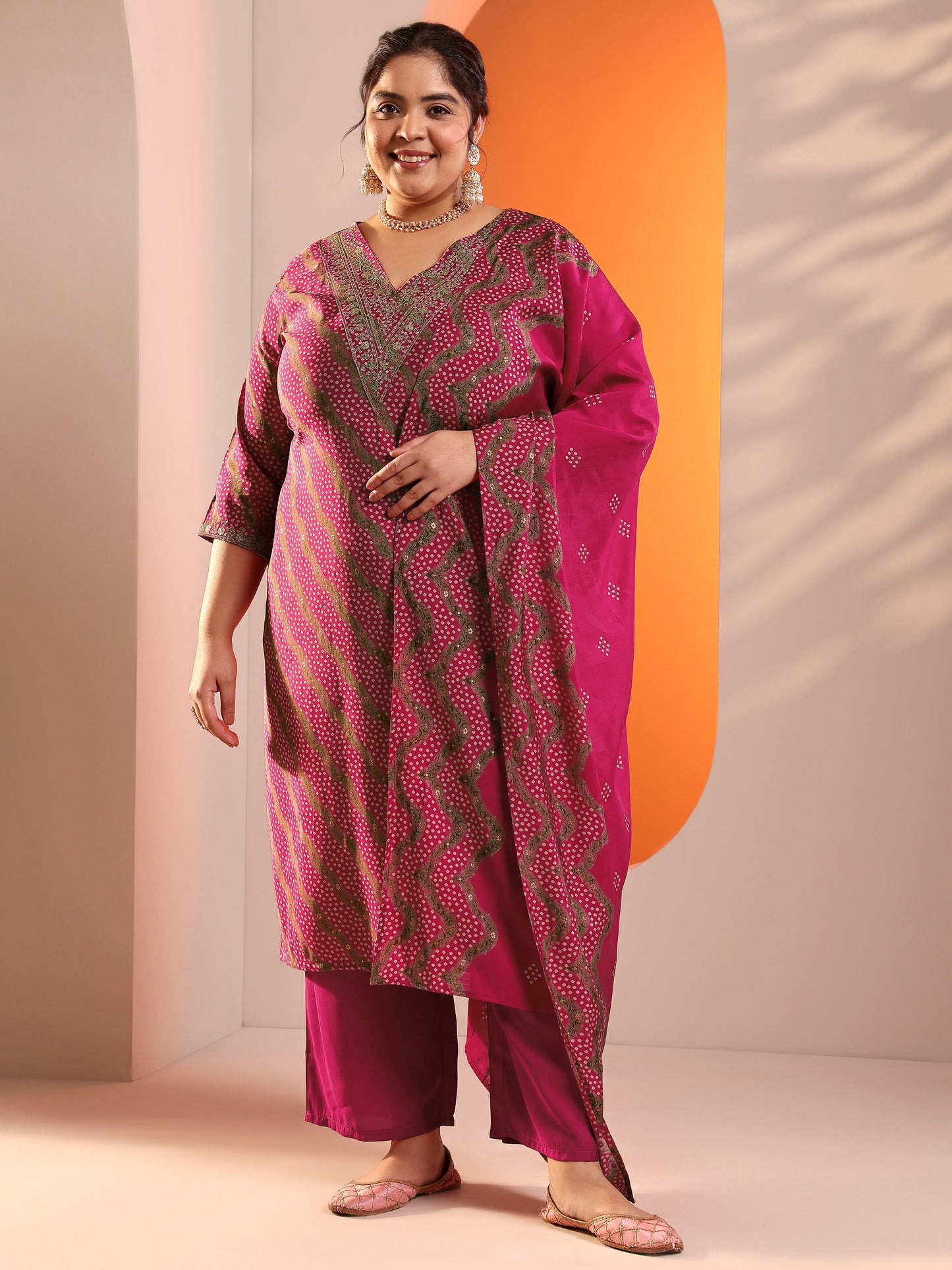 Plus Size Pink Printed Silk Blend Straight Suit Set With Dupatta