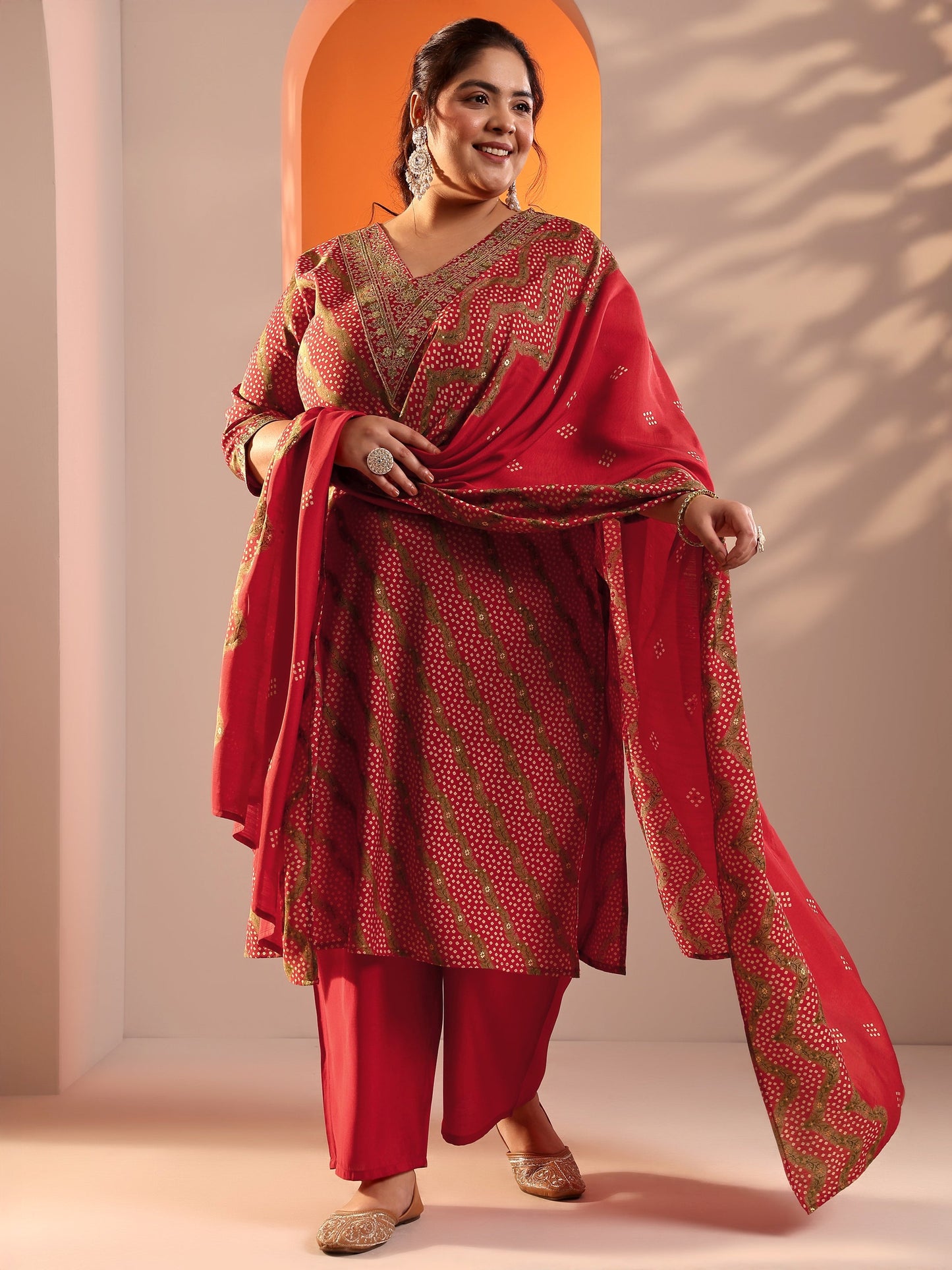 Plus Size Red Printed Silk Blend Straight Suit Set With Dupatta