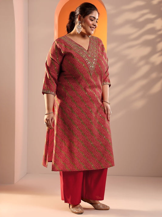 Plus Size Red Printed Silk Blend Straight Suit Set With Dupatta