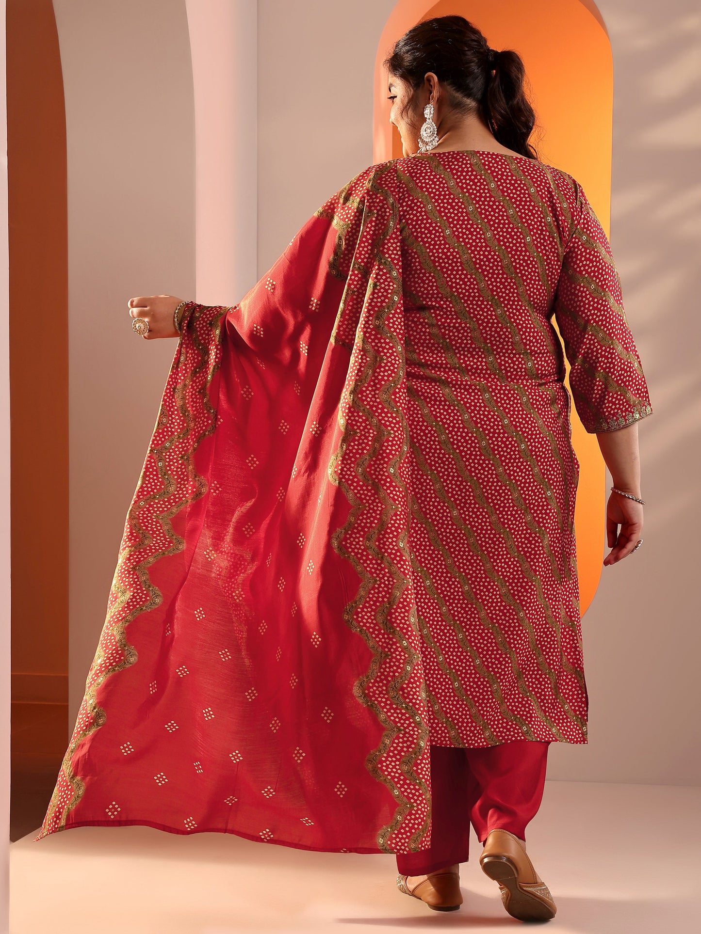 Plus Size Red Printed Silk Blend Straight Suit Set With Dupatta